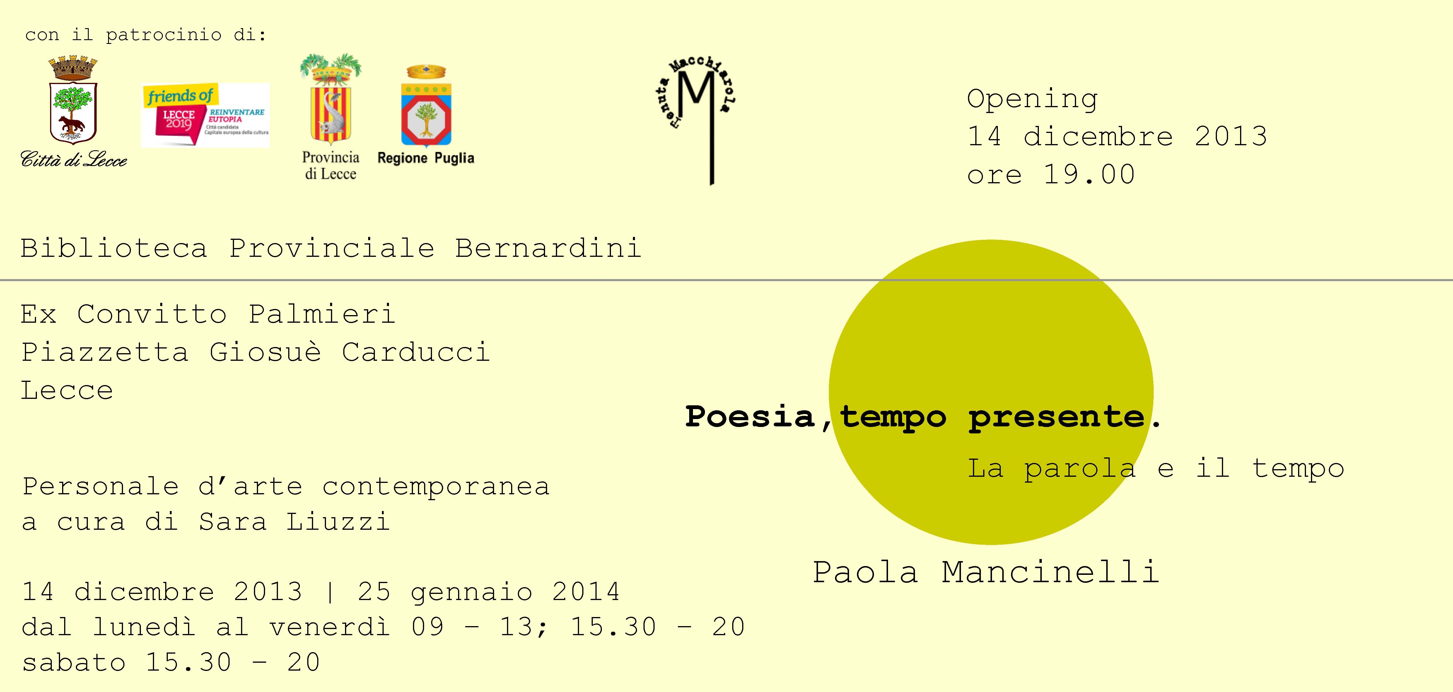 LECCE. Mostra personale di Paola Mancinelli in “Poesia, tempo presente. La parola e il tempo”