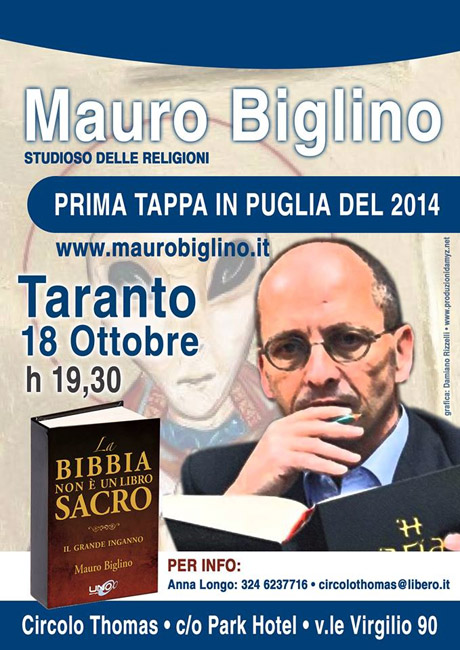 Taranto. MAURO BIGLINO presenta il suo volume “La Bibbia non è un libro sacro”
