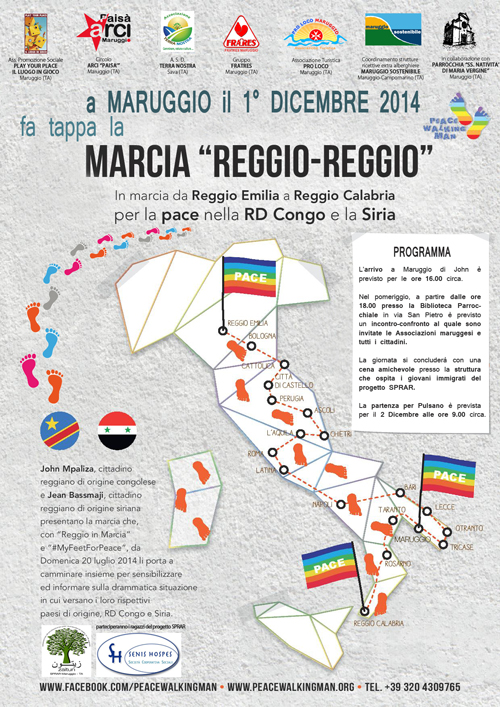 MARUGGIO. 1° dicembre. Arriva la marcia per la pace in RD Congo e in Siria
