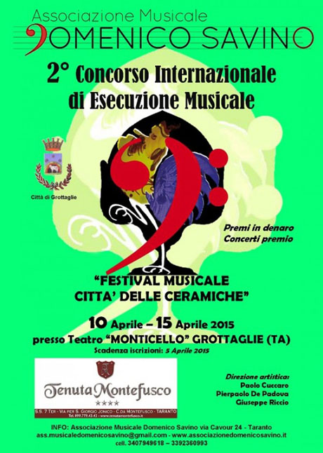 GROTTAGLIE. 2° Concorso internazionale di esecuzione musicale “Festival musicale Città delle ceramiche”