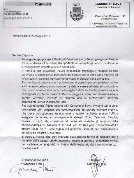SAVA. Una “strana lettera” (ciclostilata) inviata da Poste Italiane CPD di Manduria e dal Sindaco del Comune di Sava inviata ai savesi