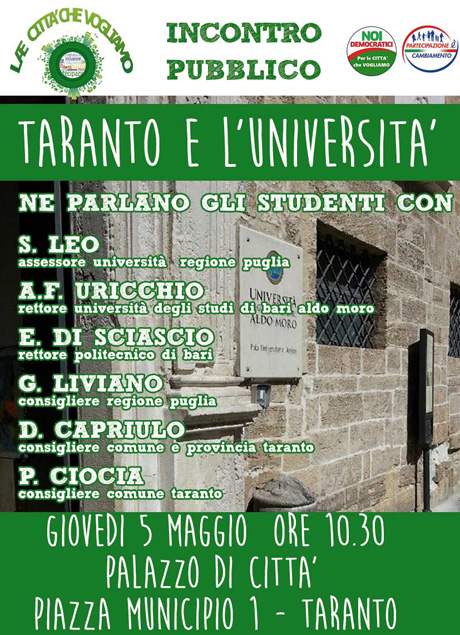 TARANTO. Convegno su Università a Taranto. 5 Maggio ore 10,30 Palazzo di Città (Piazza Municipio)