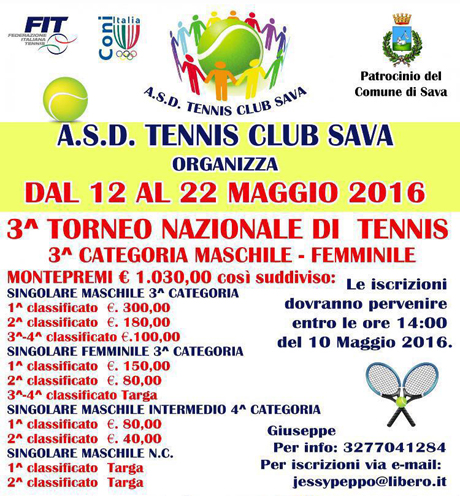 SAVA. ASD Tennis Club: “Per il terzo anno consecutivo, parte l’Edizione del Torneo nazionale di Terza categoria”
