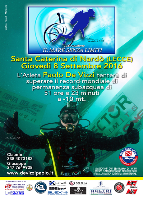 Santa Caterina di Nardò (LE). 8 settembre. Paolo De Vizzi prova ad andare oltre il record mondiale assoluto di permanenza subacquea con erogatori