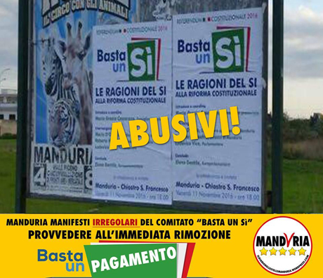 MANDURIA. “Affissione abusiva di manifesti del comitato Basta un Si”