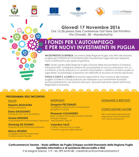 MANDURIA. Confcommercio Taranto. Seminario su “I Fondi per l’Autoimpiego e per Nuovi Investimenti in Puglia”