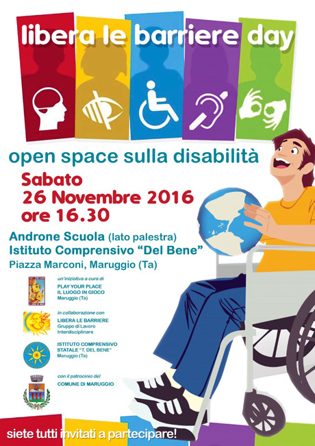 MARUGGIO.  Sabato 26 novembre. “Libera le Barriere Day”, per confrontarsi sul tema della disabilità