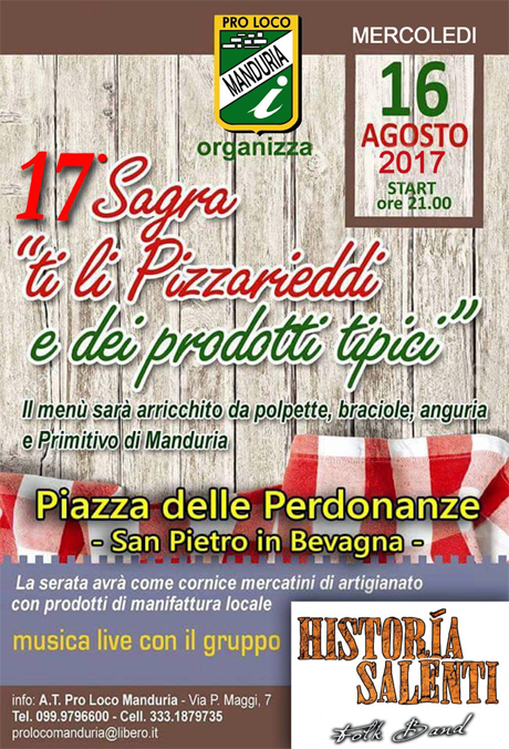 SAN PIETRO IN BEVAGNA (Marina di Manduria). 17° edizione della “Sagra ti li Pizzarieddi e dei Prodotti Tipici”!