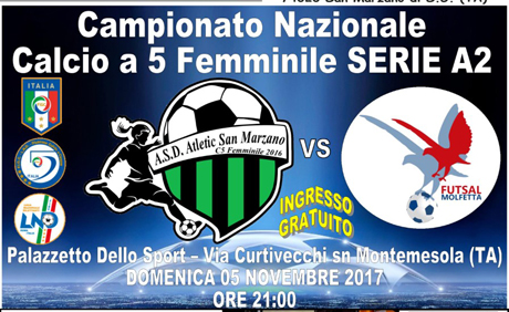 Calcio Femminile. 5 novembre. ATLETIC SAN MARZANO – Futsal Molfetta