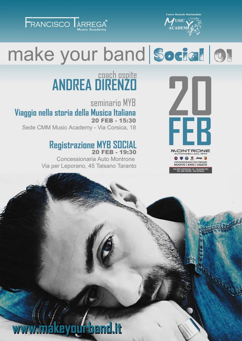 Stasera primo “social” di Make Your Band 2018 da “Montrone Auto”: ospite Andrea Direnzo, presenta Marco Guacci