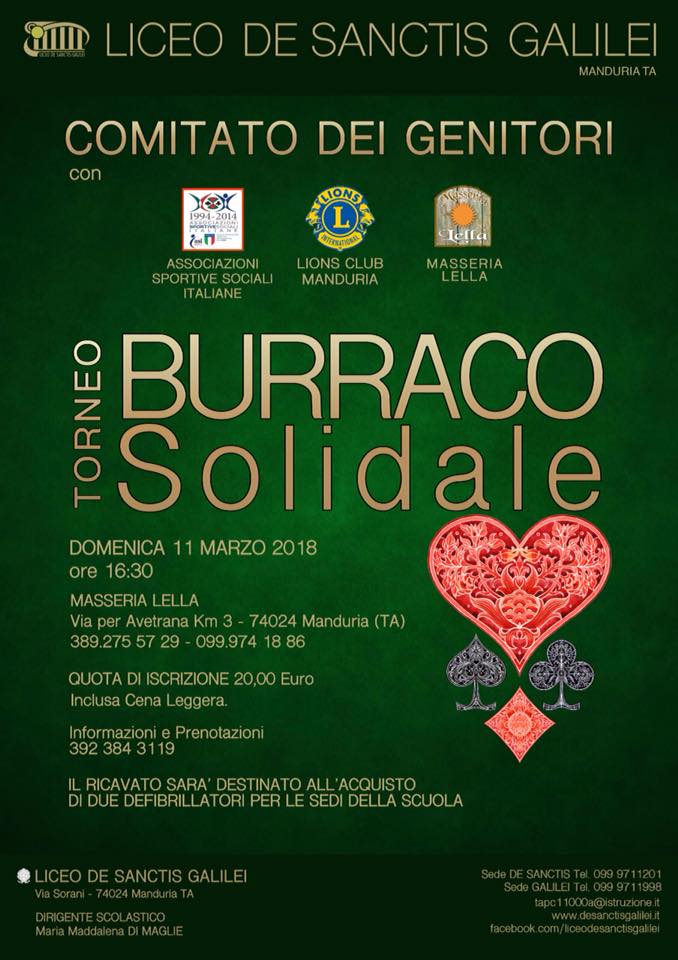 MANDURIA. Torneo Solidale di Burraco per l’acquisto di due defibrillatori da destinare alle scuole