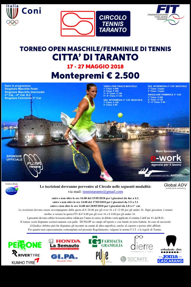 TARANTO. Presentazione della 5^ edizione del Torneo Open di Tennis Maschile e Femminile “Città di Taranto”