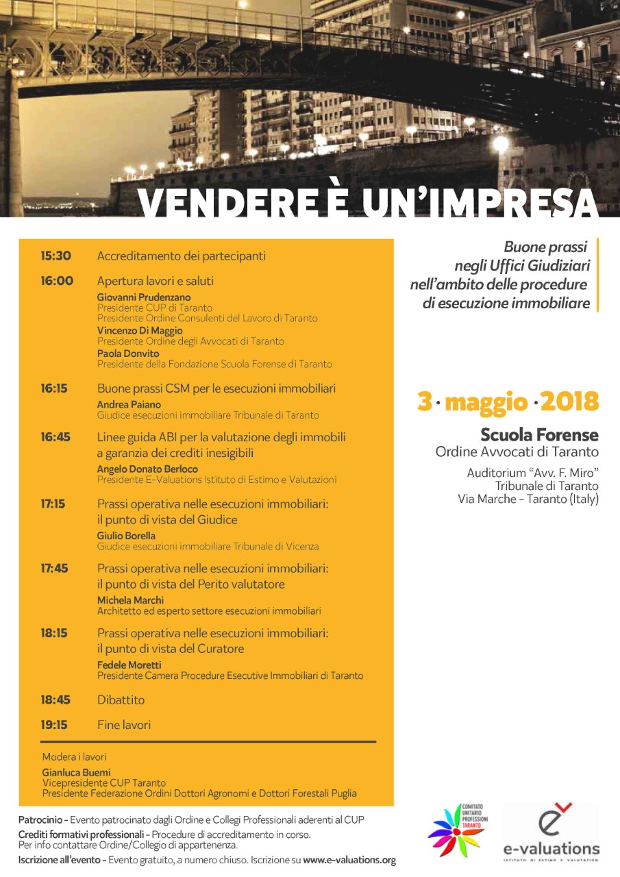 TARANTO. “Vendere è un’impresa”. Un convegno sulle Buone prassi negli Uffici Giudiziari dell’ambito delle procedure di esecuzione immobiliare