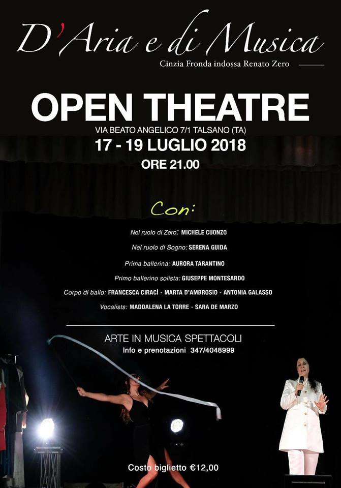 TALSANO. All’ Open Theatre, “D’Aria e di Musica… Cinzia Fronda indossa Renato Zero”