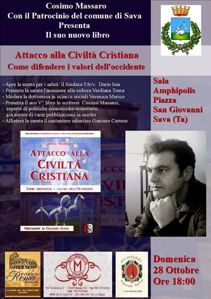 SAVA. Cosimo Massaro, presenta il suo nuovo libro dal titolo “Attacco alla Civiltà Cristiana”
