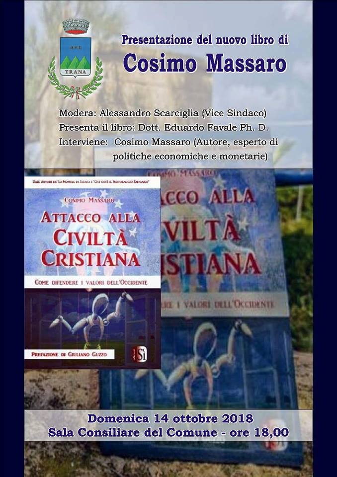 AVETRANA. Domenica 14 ottobre. Sala Consiliare. Presentazione del nuovo libro di Cosimo Massaro, “Attacco alla Civiltà Cristiana”
