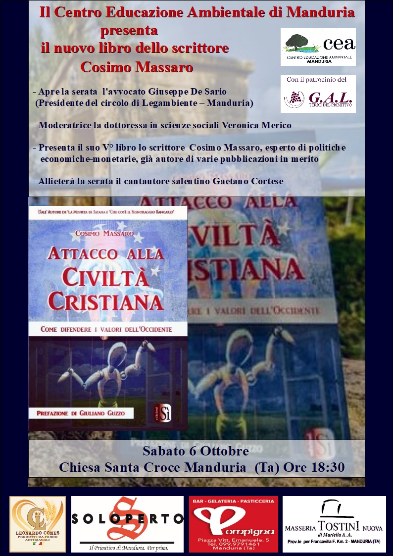 MANDURIA. Presentazione del nuovo libro di Cosimo Massaro, “Attacco alla civiltà cristiana”