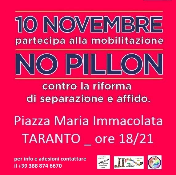 TARANTO. Sabato 10 novembre, dalle ore 18.00 sit-in in Piazza Maria Immacolata contro il DDL Pillon