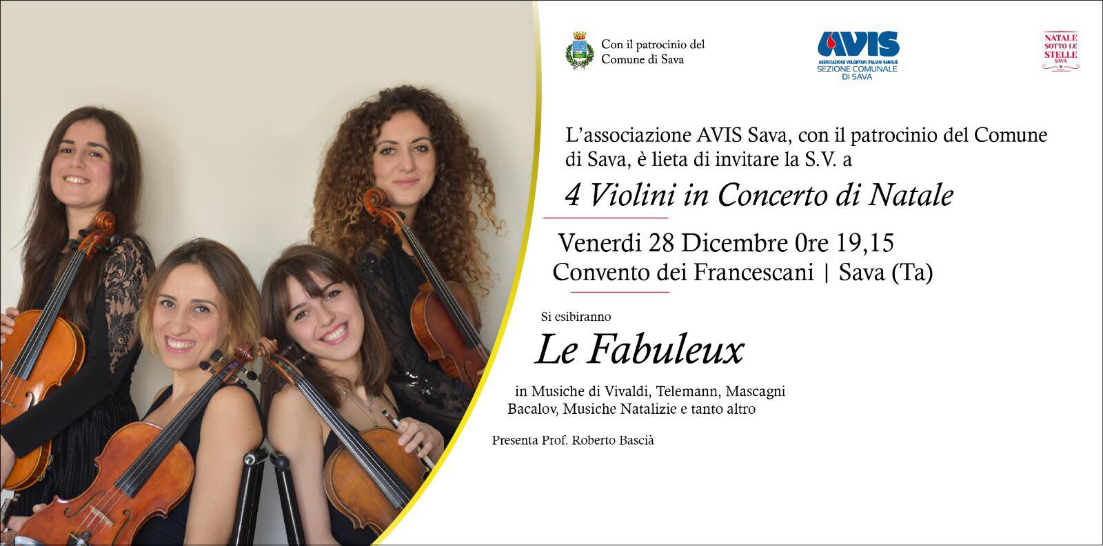 SAVA. L’AVIS ha organizzato per oggi, venerdì 28 dicembre, “4 Violini in concerto per Natale”
