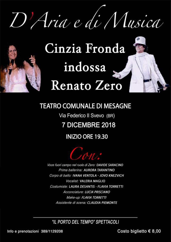 Riprende il tour invernale dello spettacolo “D’aria e di musica – Cinzia Fronda indossa Renato Zero”