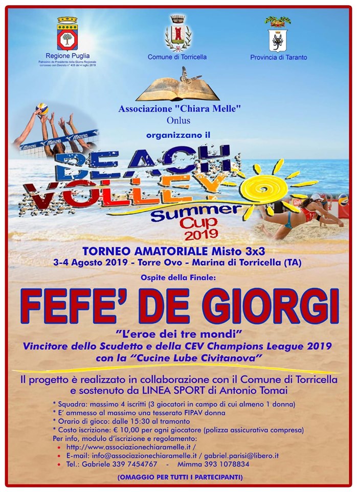 TORRE OVO (marina di Torricella, Ta). L’Associazione “Chiara Melle” Onlus, organizza il torneo di Beach Volley, -Summer Cup 2019