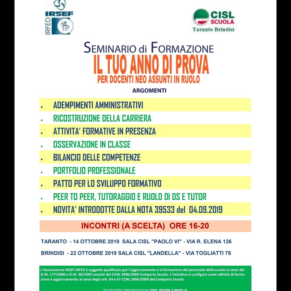 Seminario #ILTUOANNODIPROVA. Organizzato dalla Cisl Scuola Taranto Brindisi in collaborazione con Irsef-Irfed