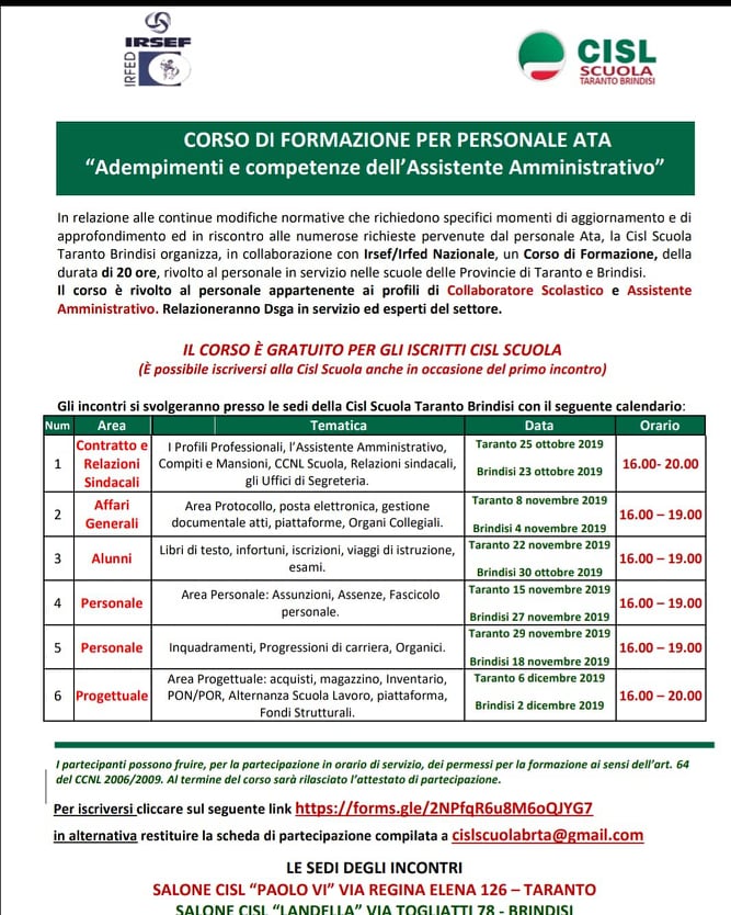 La Cisl Scuola Taranto Brindisi organizza, in collaborazione con Irsef/Irfed Nazionale, un Corso di Formazione Gratuito, della durata di 20 ore