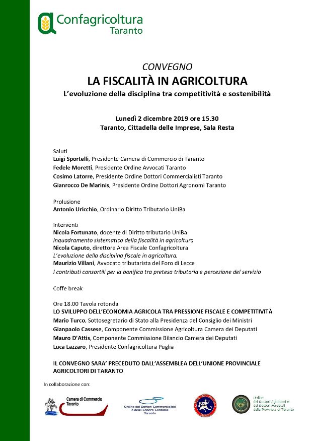 Confagricoltura Taranto. Convegno “La fiscalità in agricoltura”