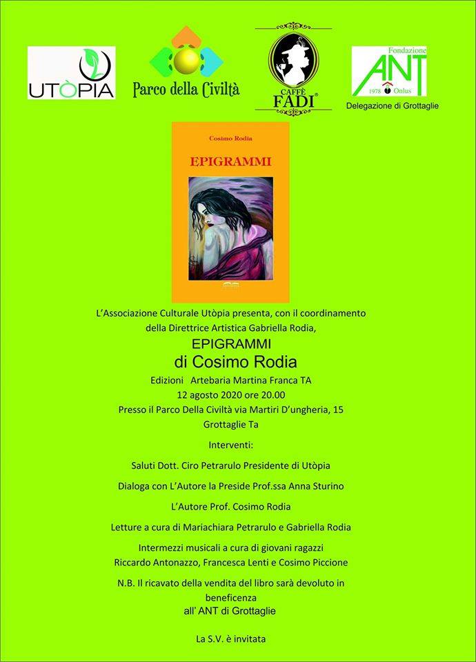 GROTTAGLIE. L’Associazione Culturale Utòpia presenta “Epigrammi” del prof. Cosimo Rodia (Edizioni Artebaria)