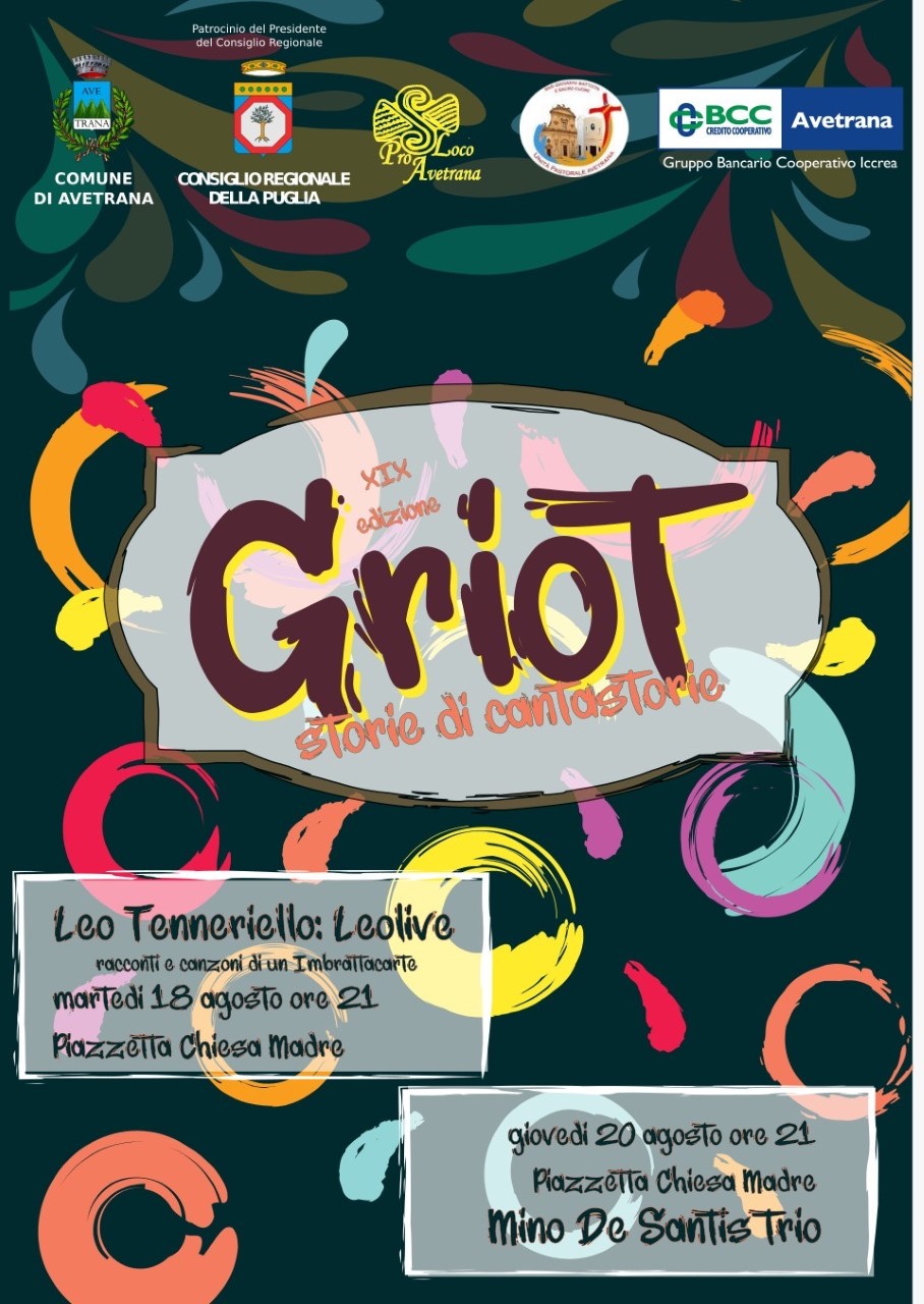 AVETRANA. Diciannovesima edizione di Griot Storie di Cantastorie. Prosegue la seconda serata con il Mino De Santis Trio