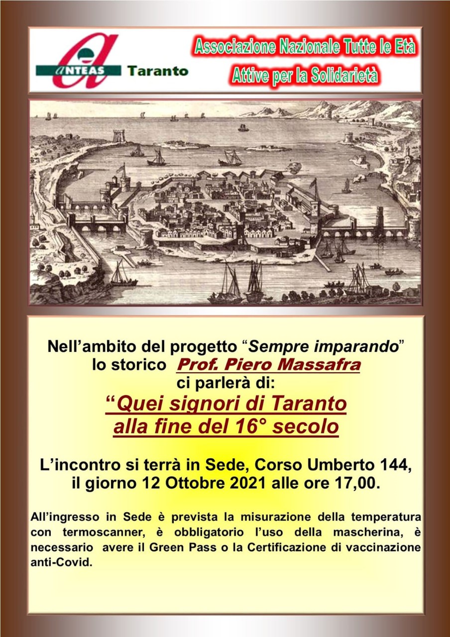 All’Anteas il prof. Piero Massafra presenta “Quei signori di Taranto alla fine del 16° secolo”