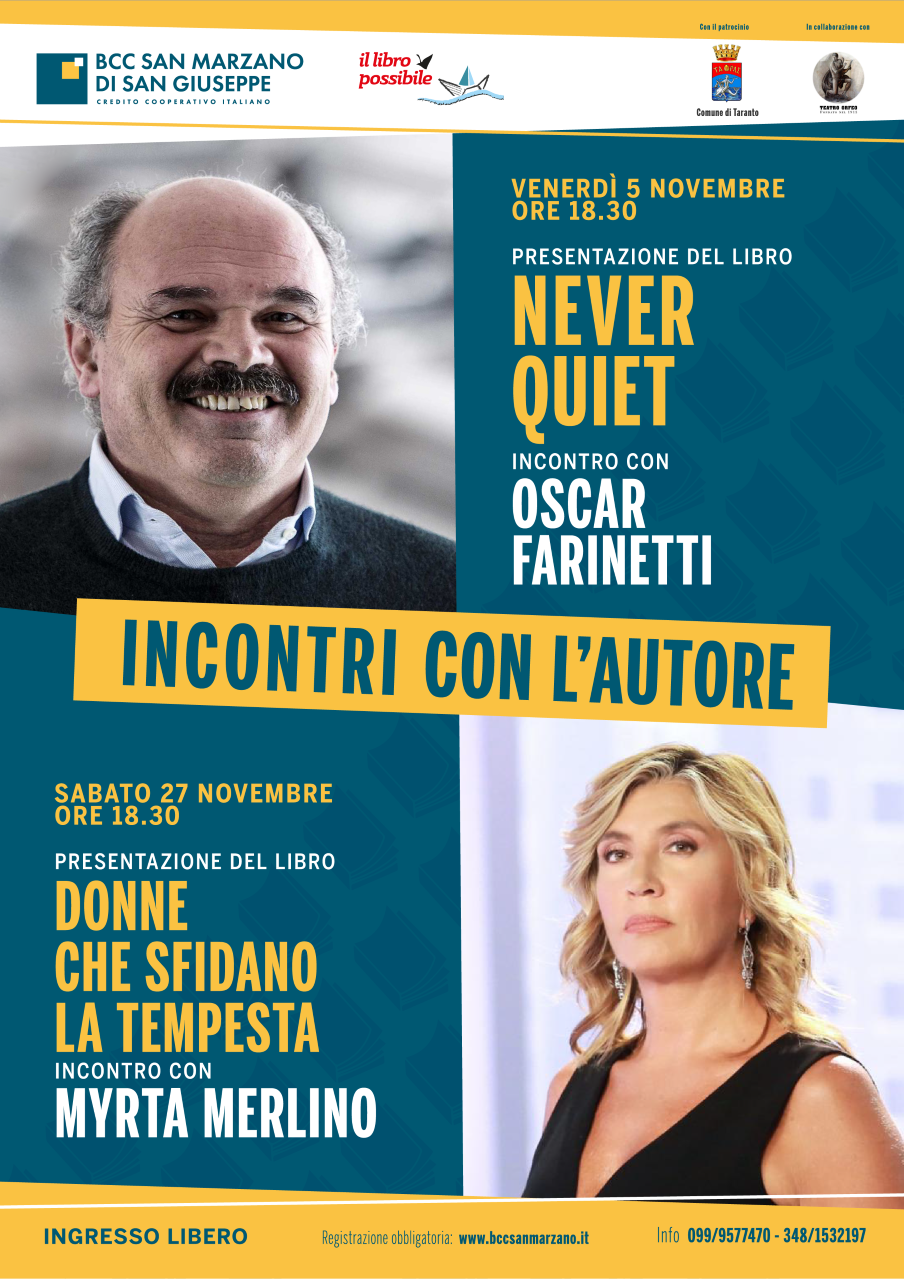 BCC San Marzano ospita Oscar Farinetti e Myrta Merlino al Teatro Orfeo di Taranto