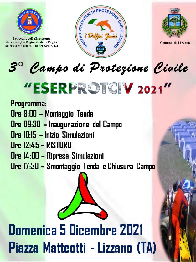 Lizzano. 3° CAMPO DI PROTEZIONE CIVILE “ESERPROTCIV 2021”. Organizzato dal G.V.P.C. I DELFINI JONICI