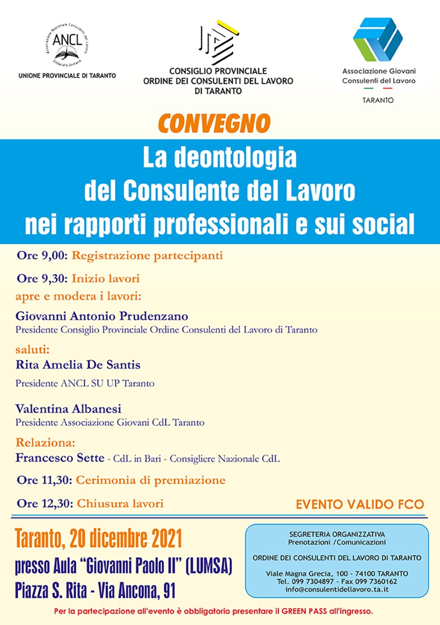 A Taranto il convegno “La deontologia del Consulente del Lavoro nei rapporti professionali e sui social”
