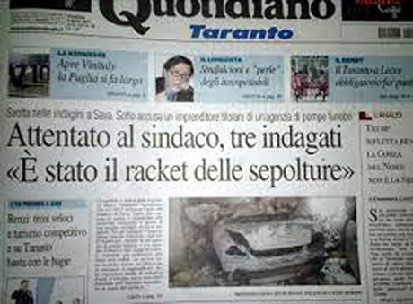 ATTENTATO ALLE AUTO DI DARIO IAIA. Domenica 9 Aprile 2017. Quotidiano di Puglia tuona: “Attentato al sindaco, tre indagati. È stato il racket delle sepolture”