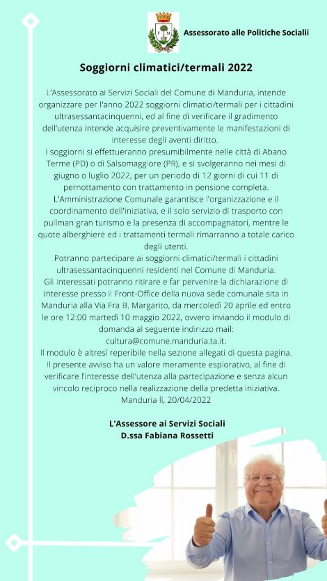 MANDURIA. Soggiorni climatici/termali 2022: Presentazione manifestazione d’interesse