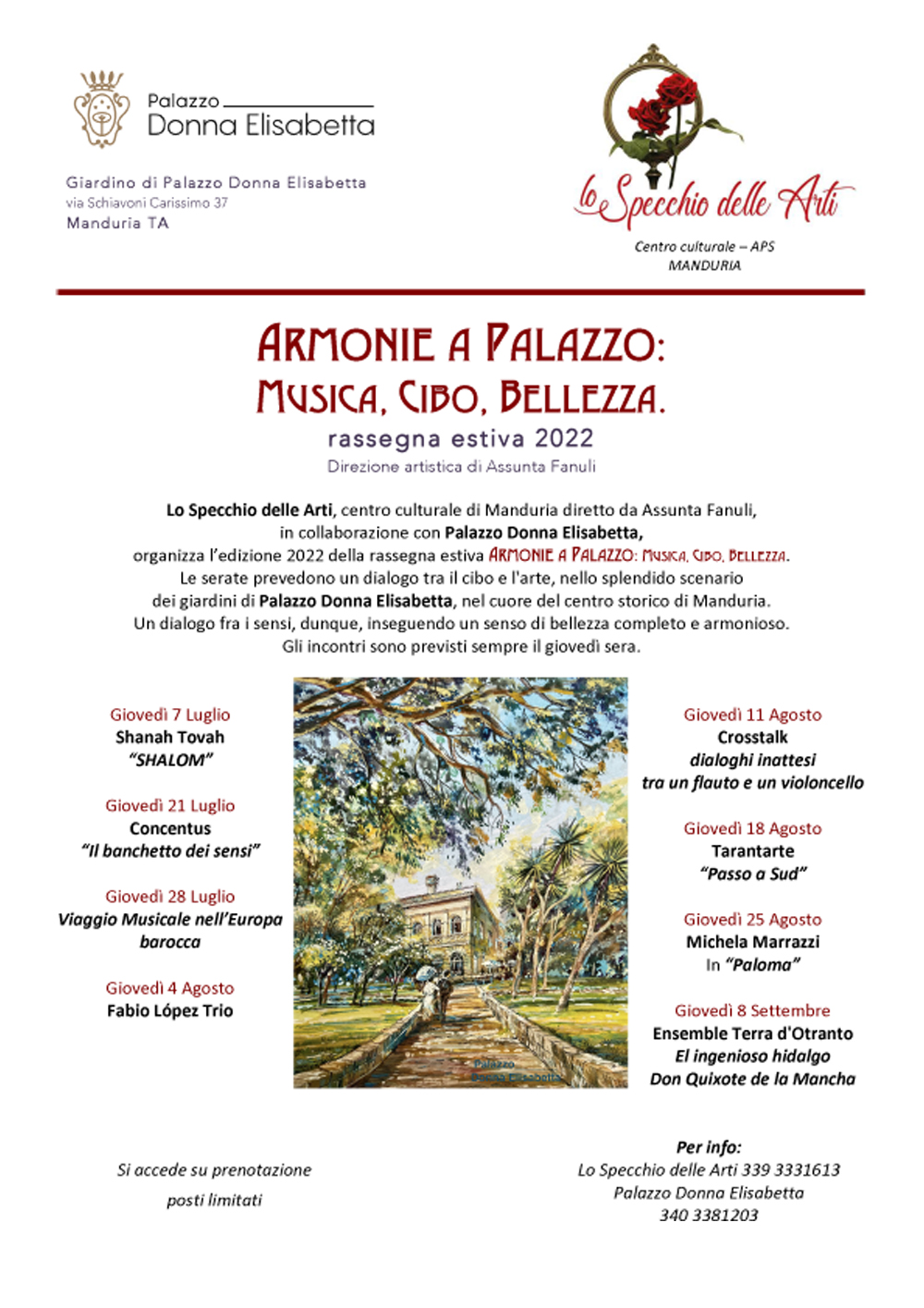 MANDURIA. Seconda edizione della rassegna Armonie a Palazzo,  con la direzione artistica di Assunta Fanuli