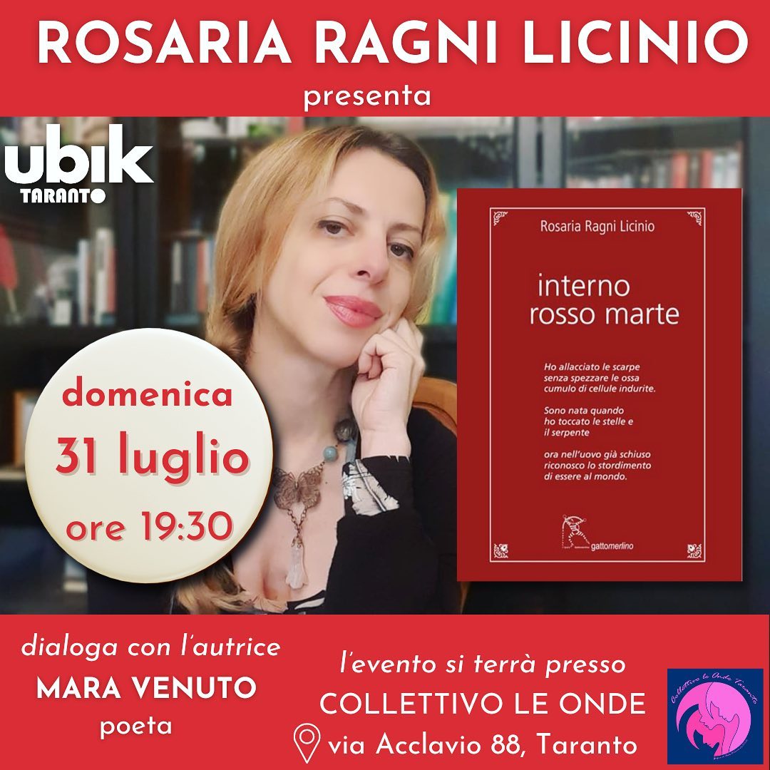 TARANTO. LIBRERIA UBIK. La giornalista Rosaria Ragni Licinio presenta “Interno rosso Marte”, ultima raccolta poetica