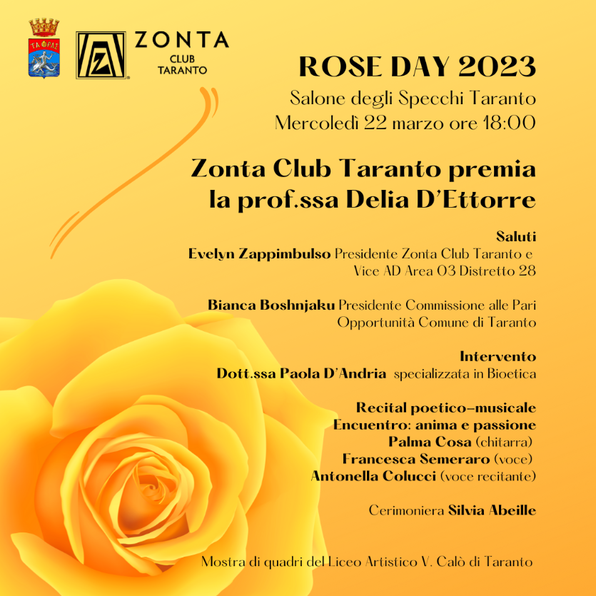 TARANTO. Mercoledì 22 marzo, “Rose Day 2023 di Zonta Club Taranto”
